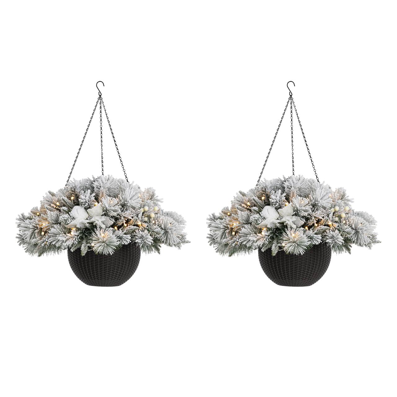 Glitzhome® 24'' Pre-Lit Snow Flocked Christmas Artificial Pine Poinsettia Hanging Baskets, 2ct.